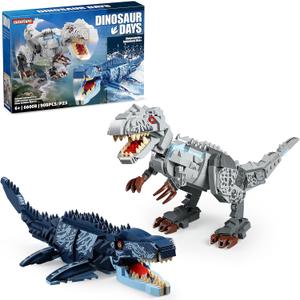 Dual Dinosaur Building Sets - Indominus Rex & Mosasaurus Dinosaur Toys with Poseable Joints, STEM Educational Toys for Kids Ages 6-12, Creative Birthday Gifts for Boys and Girls (Gray,Blue)