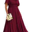 Ever-Pretty Plus Women's Summer Round Neck A Line Pleated Chiffon Short Sleeves Plus Size Formal Gowns Bridesmaid Dresses (16, Burgundy)