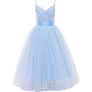 Glamulice Flower Girls Spaghetti Strap Tulle Dress Long A Line Wedding Pageant Dresses Princess Birthday Party Ball Gown 170 M Light Blue (Pale Blue)
