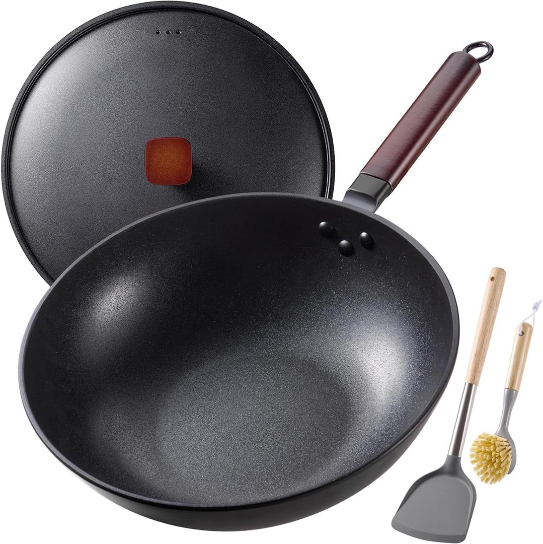 Carbon Steel Wok -13 Inch Woks & Stir-fry Pans Nonstick, Wok Pan with Lid Spatula and Dish Brush: Pre-Seasoned Flat Bottom Chinese Woks for Induction, Electric, Gas, All Stoves