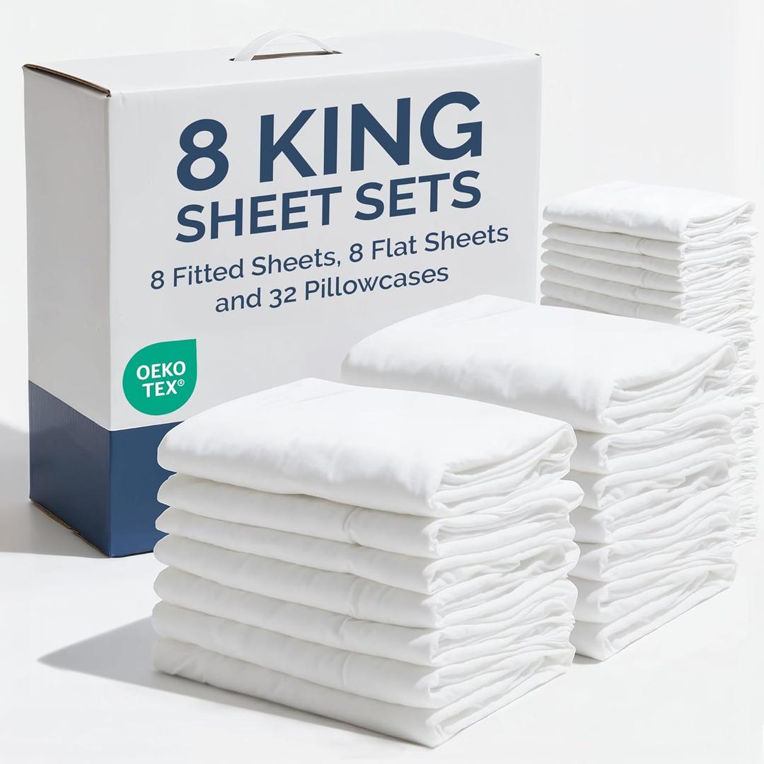 Bulk Case Pack of 8 Sheet Sets - Complete 6 Piece Sheet Sets - Bulk King Bedding - Wholesale Case Pack for Hotels, Spa & Airbnbs - Deep Pocket, Fade & Wrinkle Free - Cooling & Breathable - King, White