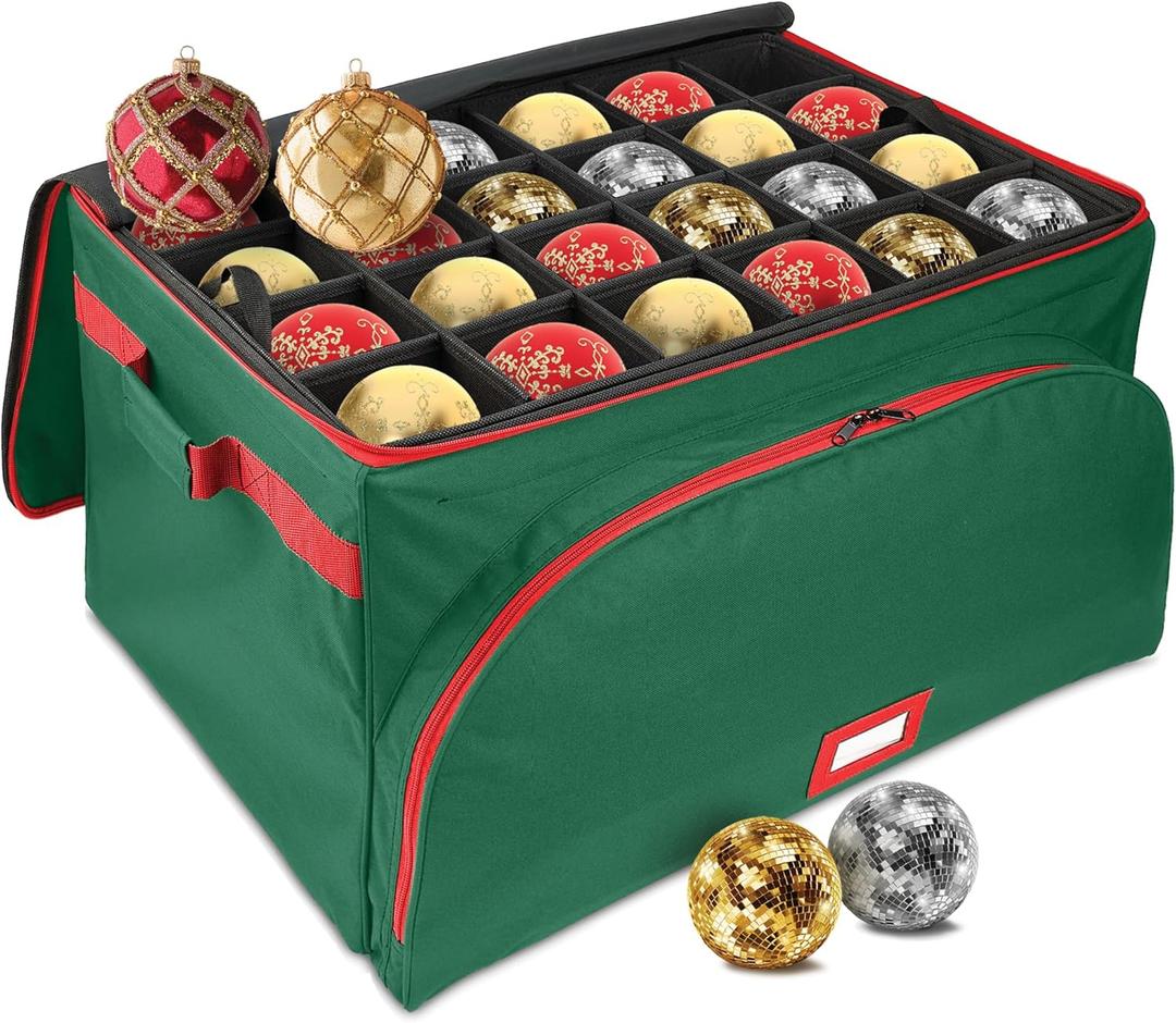 HOLDN STORAGE Premium Christmas Ornament Storage Container - Holds Up to 72-4 Ornaments Durable 600D Fabric - Adjustable Dividers - 3 Individual Trays - Metal Frame - Green