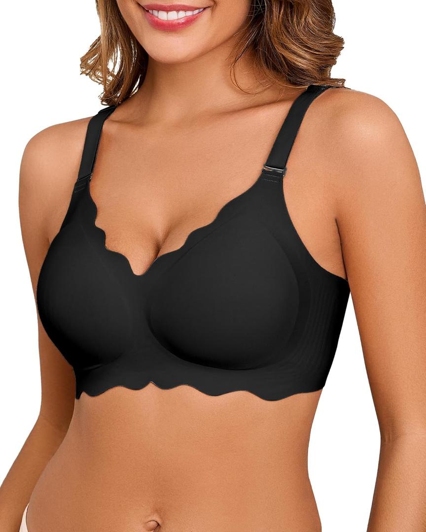 Seamless Bras for Women No Underwire Push Up Bra Full Coverage V-Neck Wirefree Bralettes Soft T-Shirt Bra Everyday Bra (XX-Large, Black)