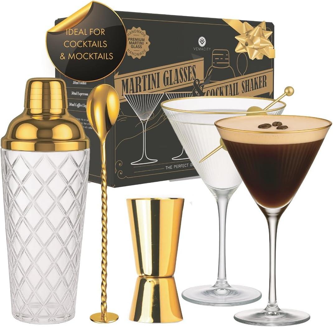 VEMACITY - Luxury Cocktail Shaker Set - Gold Glass Cocktail Shaker with Built-In Strainer + 2 Ribbed Espresso Martini Glasses with Gold Rims, Bar Spoon & Jigger | Ideal for Home Mixology