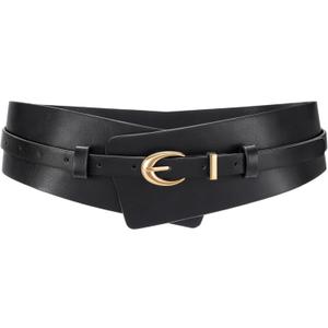 WHIPPY Women Wide Leather Belt Fashion Ladies Dress Belt 2-in-1 Waistband with Skinny Belt for Dress Suits (Fit Waist Size 38-42", Black Gold)