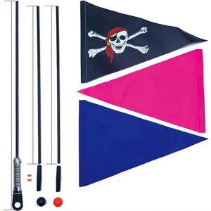 phemera 1 Set of Bicycle Safety Flags/Adjustable Height with Springs, Resilient Heavy-Duty Fiberglass Poles, Polyester Full-Color Pink, Blue, and Pirate Flags