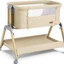 Bassinet Bedside Sleeper, Rocking Bassinets with Comfy Mattress and Wheels for Newborn, 5-Height Adjustable (Beige)