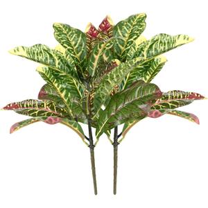 Artificial Croton Plant Leaf Branches Lifelike Tropical Houseplant Bush Stems for Home Office Decoration, 2 Pack