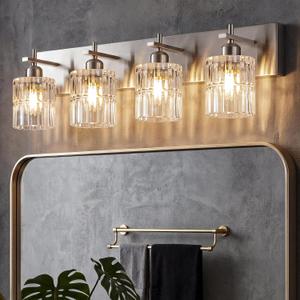 OCIOC 4-Light Nickel Bathroom Vanity Light Over Mirror, Brushed Nickel Bathroom Wall Lights with Glass Shades, Indoor Wall Mounted Lamp for Living Room Bedroom Hallway