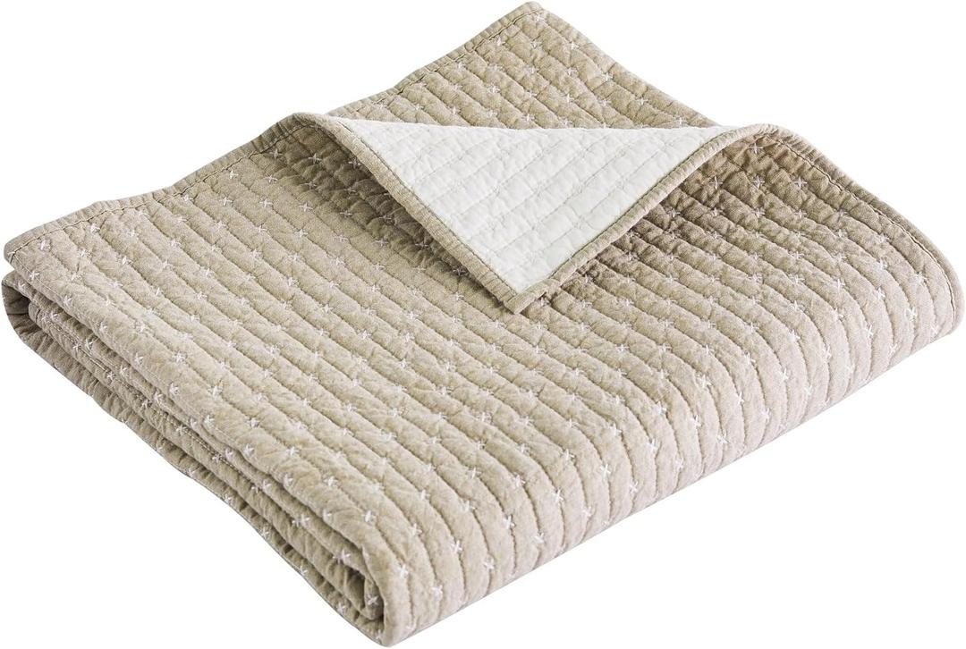 Levtex Home - Cross Stitch - Quilted Throw - 50x60in. - 100% Cotton - Reversible Pattern - Taupe with White Contrast Stitching