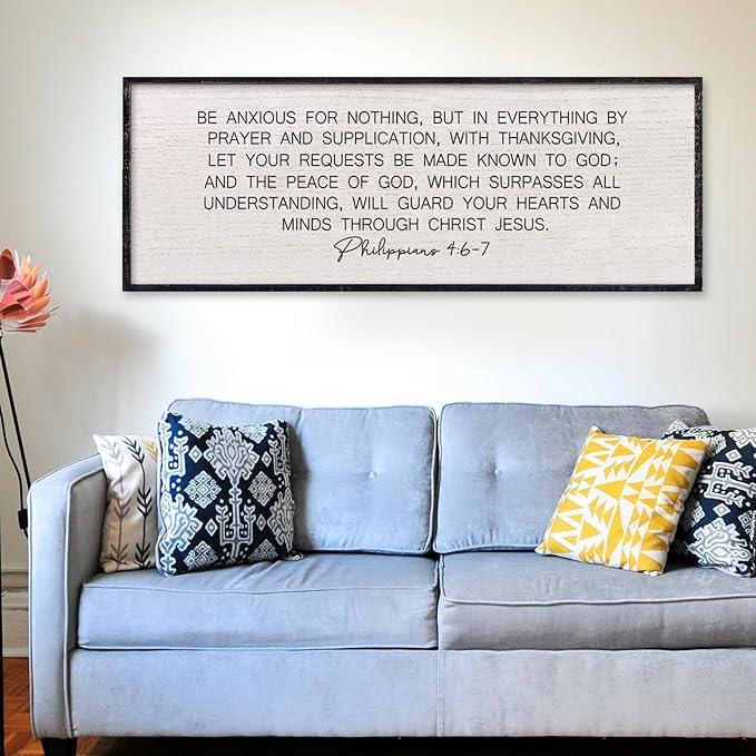 Bible Verse Wall Art Be Anxious for Nothing Christian Inspirational Sign 32"×12" Philippians 4:6-7 Rustic Religious Home Decor for Living Room Large Scripture Wood Framed Hanging (Black)