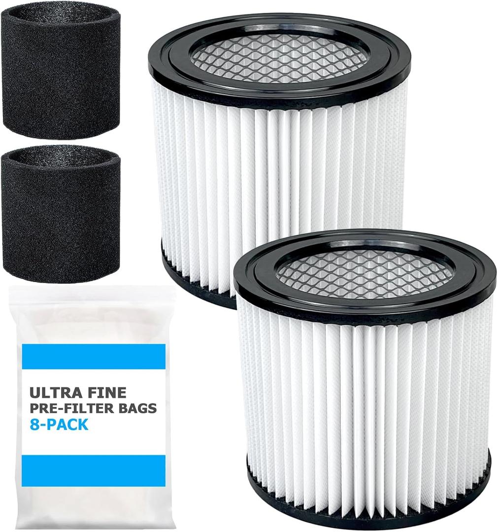 90398 Shop Vac Filters Replacement for Shop Vac Type AA Cartridge Filter 90398/118692, 9039800, 9039833(2 Pack), with 2 Foam Sleeve & 8 Pre-filter Bags