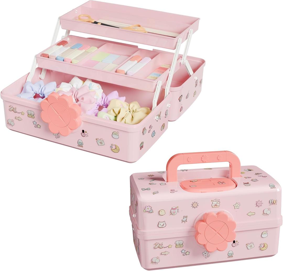 Covetree Hair Accessories Organizer with Handle Sewing OrganizerLockable Three-Layer Multipurpose Art Supplies Storage Box and Storage Plastic Jewelry Box (Pink)