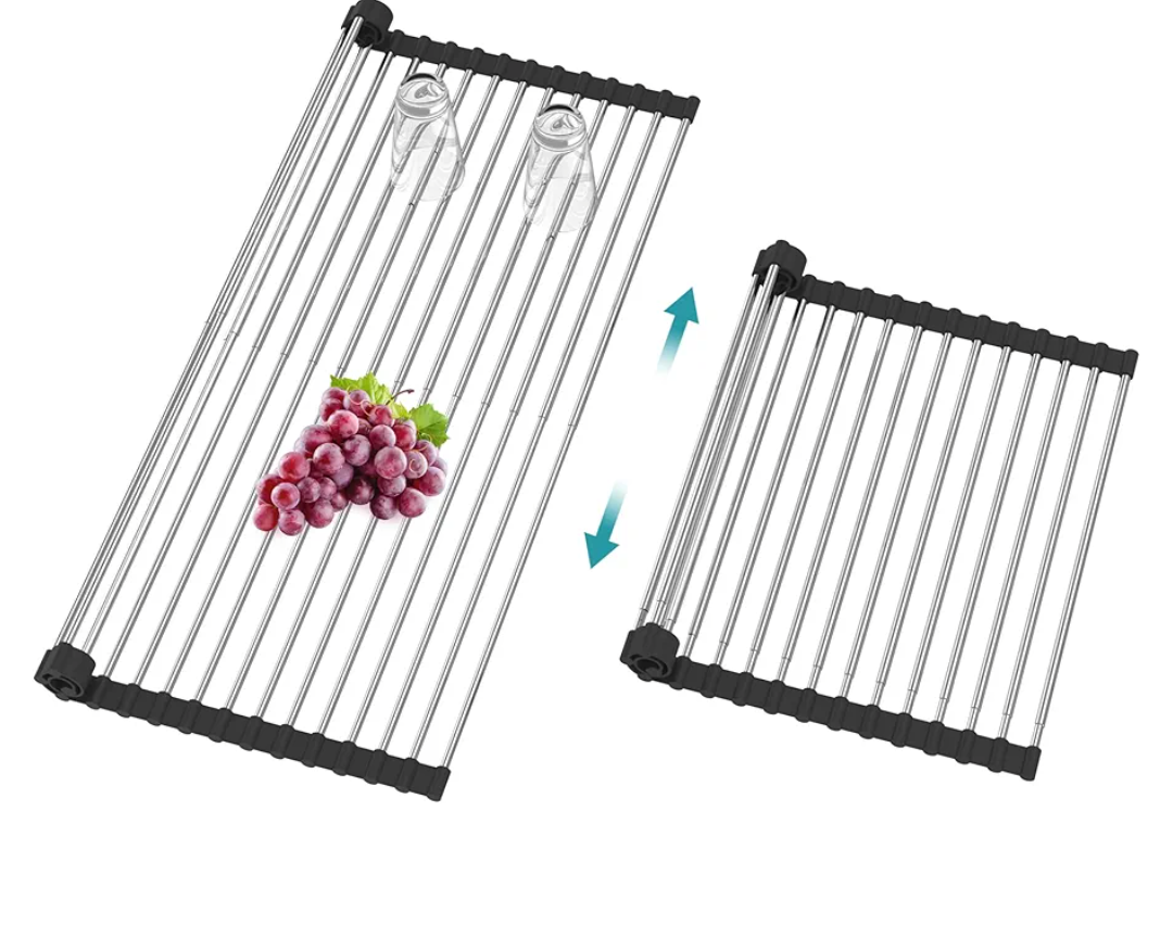 Extra Large Expandable Roll Up Dish Drying Rack,Over The Sink Drying Rack Sink Cover Kitchen Sink Accessories Kitchen Rolling up Stainless Steel Drainer, Foldable,Rollable（Black，25.1''-12.4''）