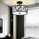 EdwarmLux 3-Light Semi Flush Mount Ceiling Light, 12.6" Drum Light with White Fabric Shade, Modern Close to Ceiling Lamp for Living Room Bedroom Dining Kitchen Hallway Entry Foyer (Matt Black)