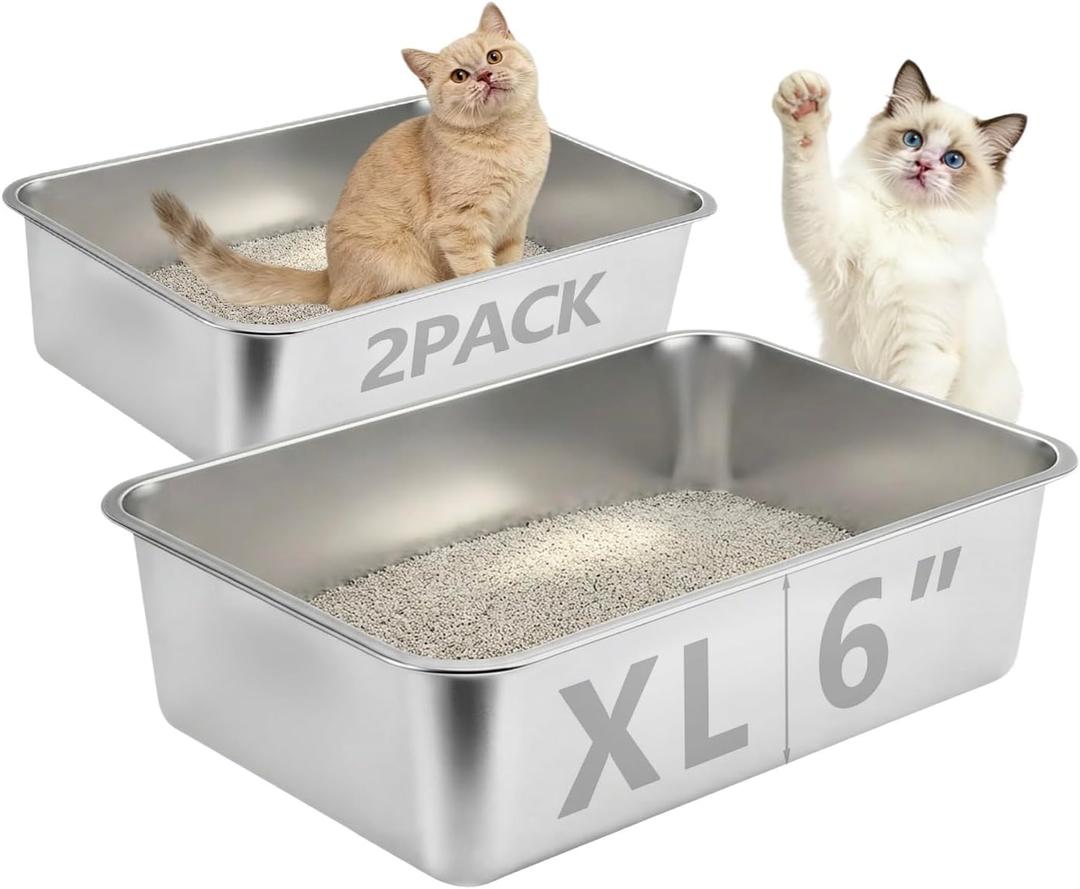 Homegroove Stainless Steel Litter Box 2 Pack, 20"x13.8"x6" XLarge Metal Cat Litter Box with High Sides, Non-Stick Easy to Clean Surface, Jumbo Size for Big Cats & Multiple Cats