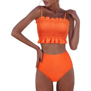 RXRXCOCO Womens Shirred Bandeau Bikini Cute Two Piece Swimsuit Off Shoulder High Waist Bathing Suit, XL