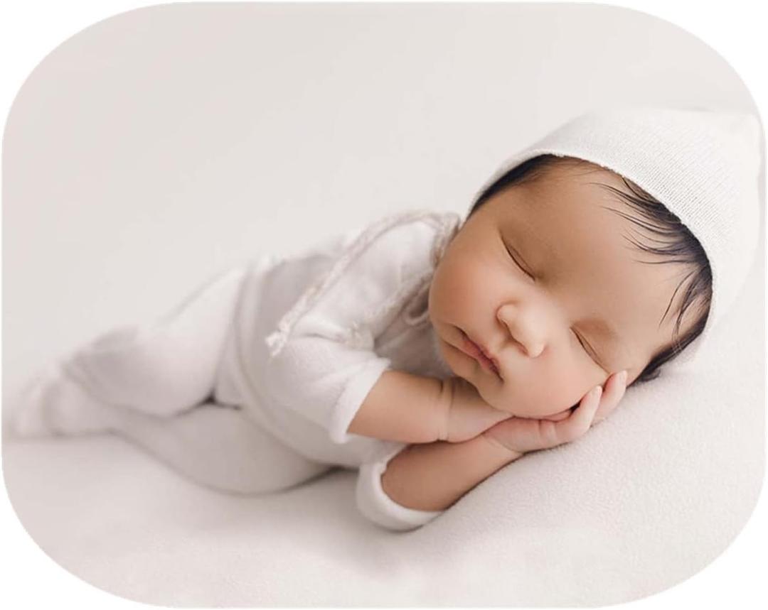 Vemonllas Newborn Photography Props Boys Girls Outfits Sleepy Hat Bonnet & Footed Romper Bodysuit Photoshoot Costume Set (Middle White)