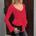 Women Y2k Polka Dot Bow Tie Front Split Hem Peplum Crop Tops Coquette Sweetheart V Neck Long Sleeve Fall Shirts (Red, S)