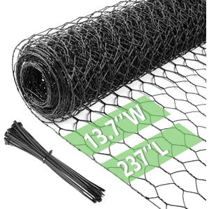 Chicken Wire 13.7 in x 237 in Poultry Wire Netting Hexagonal Galvanized Mesh Garden Fence Barrier for Pet Rabbit Chicken Fencing with 100 Pcs Cable Zip Ties(PVC-Coated) (Black)