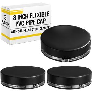 3 Pack 8 Inch Flexible PVC Pipe Cap with Stainless Steel Clamps - Black Durable End Caps for Drainage, Wastewater & Vent Pipes, Above/below Ground Use