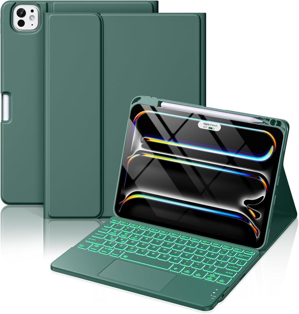 Hamile for iPad Pro 11-inch Case with Keyboard (M5/M4) - Magnetic Wireless Detachable Keyboard with Multi-Touch Trackpad 7 Colors Backlit Stain Proof Folio Cover for Pro 11 Inch 2025 2024 - Pine Green