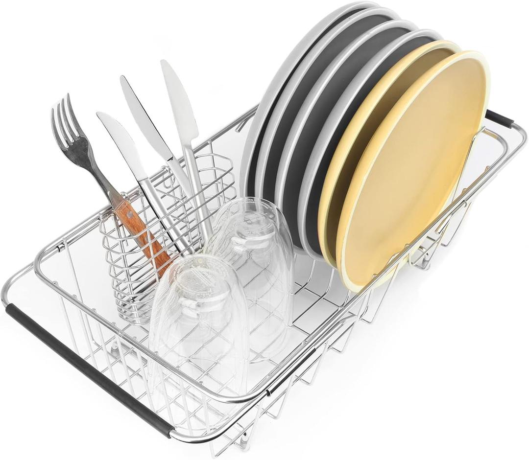 Sink Dish Drainer Rack, Expandable 304 Stainless Steel Dish Drying Rack Organizer with Stainless Steel Utensil Rack, Adjustable 14.96" to 20.59" Inside The Sink (up to 7 Upright Utensils)