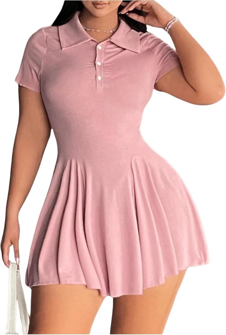 SOLY HUX Women's Plus Size Dress Collar Short Sleeve Button Front A Line Flared Mini Dresses (Pure Dusty Pink) 3XL