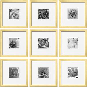 eletecpro 10x10 Picture Frames Set of 9 with Mat for 5x5 Photos or without Mat for 10x10, Square Gallery Wall Decor Collage for Picture Display, Gold Frame Set for Wall Hanging