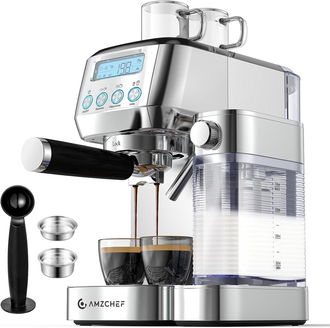 AMZCHEF Espresso Machine with LCD Display, 20 Bar Cappuccino Machines with Automatic Milk Frother for Home Gifts, Latte Coffee Maker with Dual Wall & ESE Filters, Stainless Steel Style 