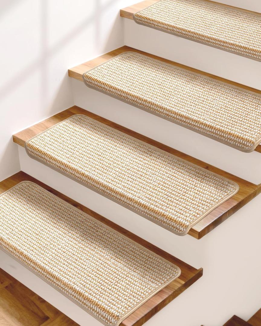 Bullnose Stair Treads for Wooden Steps: 14 Pcs Washable Non Slip Stair Ruuner Peel and Stick Adhesive Indoor Step Covers Staircase Protector 29.5"x9.5"x1.5" Beige
