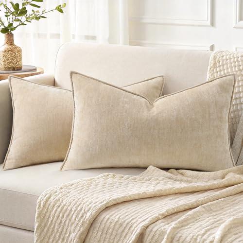 DecorUhome Spring Couch Throw Pillow Covers 12x20 Set of 2, Decorative Soft Velvet Modern Cozy Chenille Lumbar Pillow Cases with Elegant Design for Sofa Bed Living Room Home Decor, Beige