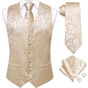 Dubulle Mens Suit Vest and Tie Set Paisley Floral Silk V-neck Waistcoats for Men with Necktie Wedding Tuxedo (Large, Beige)