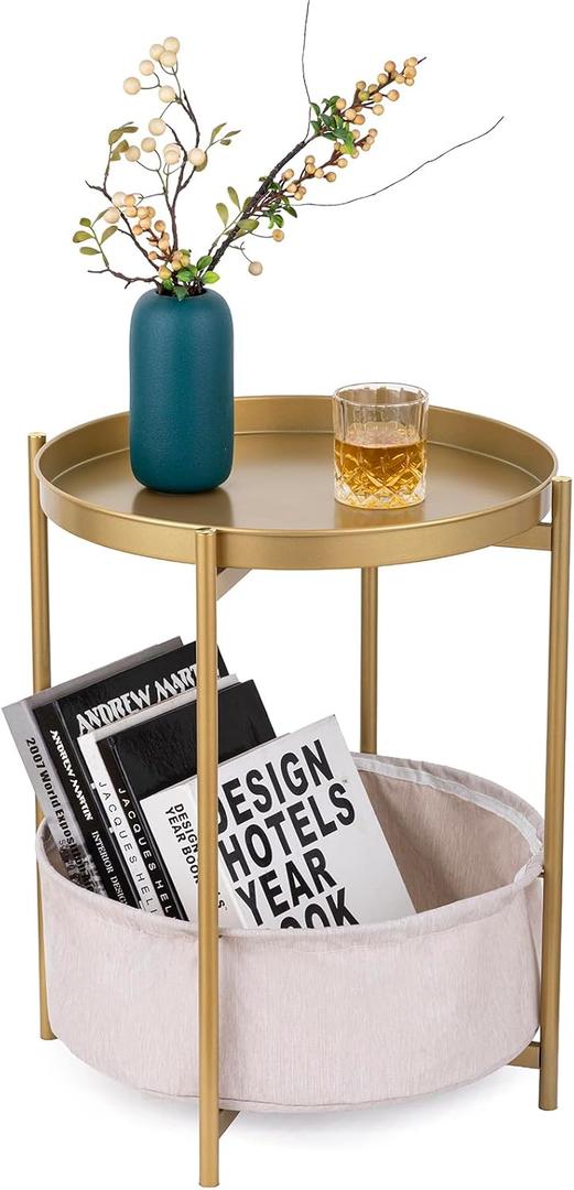 Round Side Table with Fabric Storage Basket, Metal Nightstand with Removable Tray Top, for Living Room, Bedroom, Nursery, Bathroom, Small