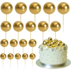 ASTARON 20 Pcs Ball Cake Topper Decorations Mini Balloons Cake Topper Sticks Gold Cake Picks Cake Balls for Graduation Wedding Birthday Cake Decorations