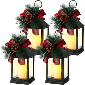 Tioncy 4 Pack Christmas Decorative Candle Lantern Christmas Lights Battery Operated Xmas Vintage Led Hanging Lantern Holiday Centerpieces for Tables Porch Fireplace Indoor Outdoor Decor (Black)