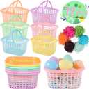12PCS Small Easter Baskets with Handles Bulk, 12PCS Mini Plastic Eggs and 6Packs Faux Grass Confetti Strips Accessories Filler Stuffers for Spring Decorations Egg Hunt Party Supplies Favors