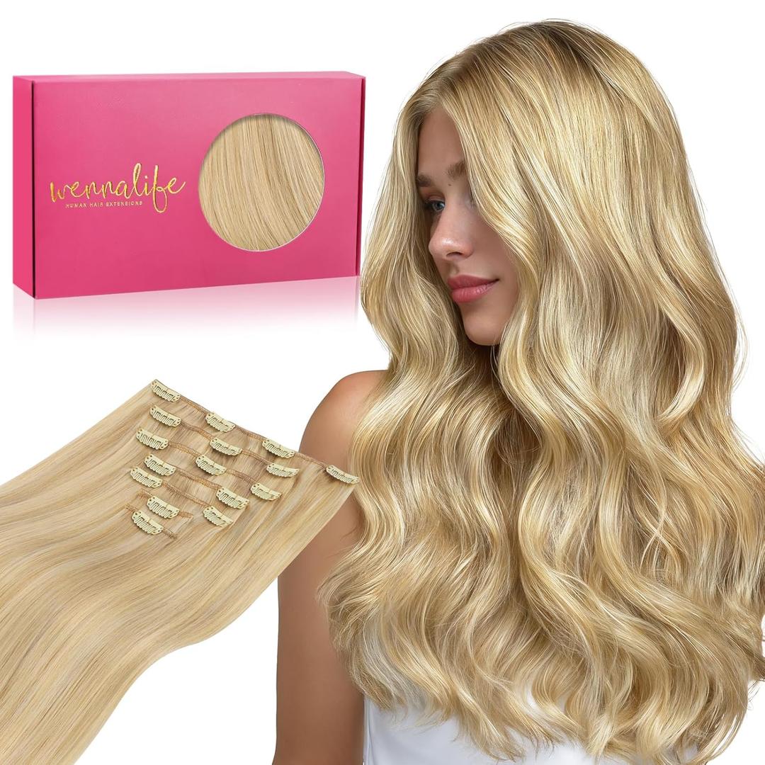 WENNALIFE Clip in Human Hair Extensions, 16 Inch 120g 7pcs Light Blonde Highlighted Golden Blonde Hair Extensions Clip In Human Hair Remy Real Human Hair Double Weft