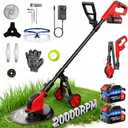 12-Inch Cordless Electric Weed Wacker, 2x3.0Ah 21V Battery Powered Weed Eater with Wheels, 800W Brushless Motor, Lawn Mower with 4 Types Blades, 20000RPM Brush Cutter Grass Trimmer for Garden Yard, Large
