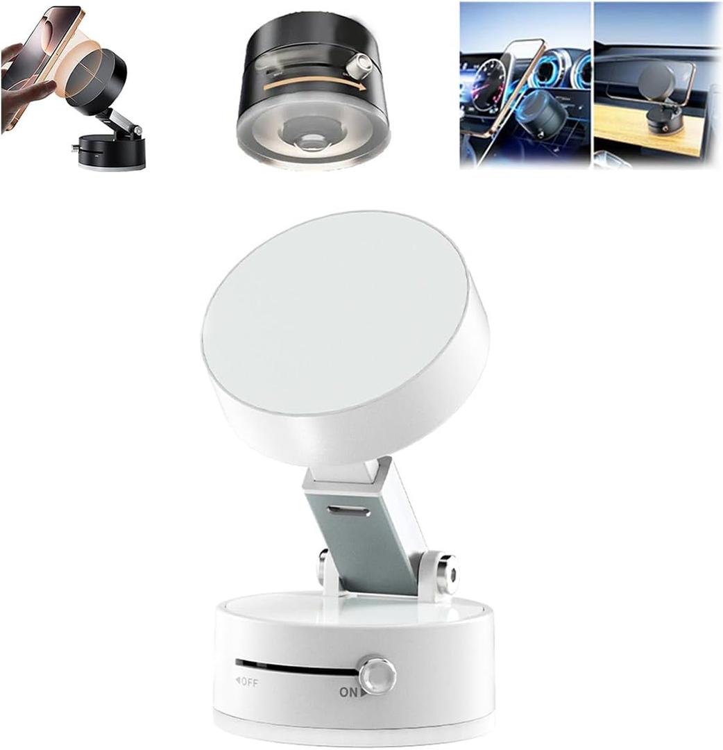 Foldable Magnetic Vacuum Phone Holder, 360 Electric Suction Car Mount, Double-Sided Swivel Stand for Car, Mirror, Gym, Kitchen, Hands-Free Portable Phone Holder (Wihte)