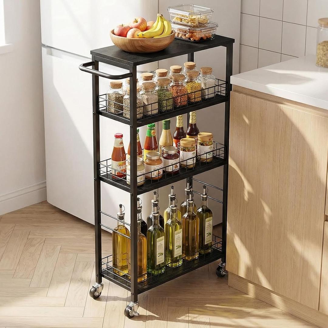 YBING Slim Storage Cart Kitchen Rolling Utility Cart on Wheels 4 Tier Mobile Narrow Cart with Wood and Metal Handle Slide Out Storage Shelving Unit Cart for Kitchen Living Room Small Places Black