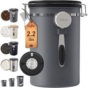 Veken Coffee Canister, Large Airtight Stainless Steel Food Storage Container for 2.2lbs Coffee Beans, Ground, Sugar, Tea, Flour, Cereal, Kitchen Bar Accessories with Date Tracker & Scoop,39OZ,Gray