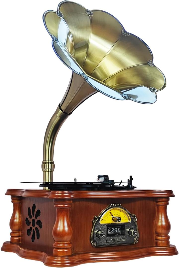 Vintage Gramophone Record Player, Retro Phonograph Record Players, Horn Turntables for Vinyl Records with Bluetooth/USB/Aux/FM Play for Home/Office/Hotel/Christmas/Birthday Gift, Music Amplifiers