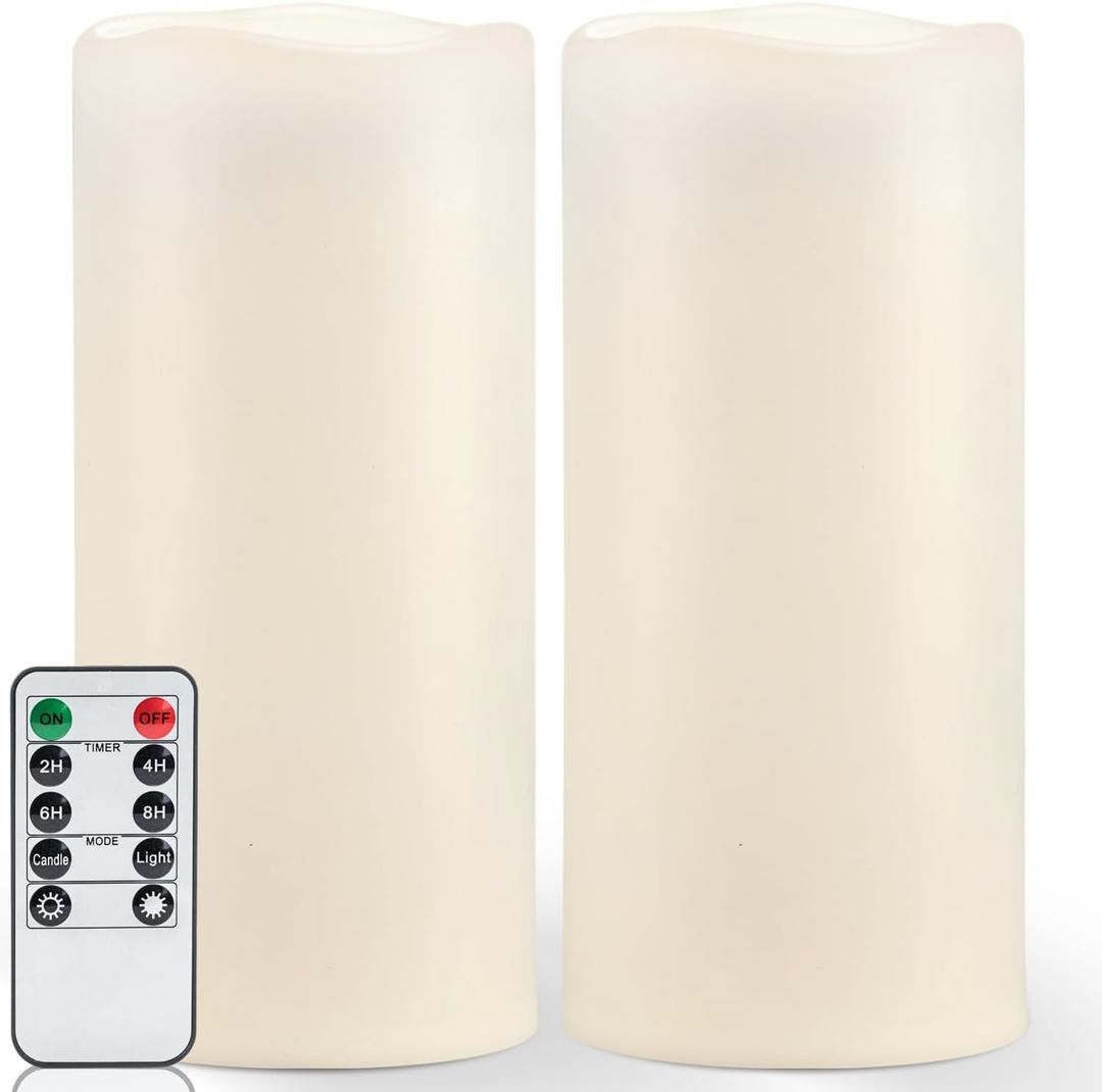 Homemory 12" x 5" Large Waterproof Outdoor Flameless Candles with Remote Control and Timer, Battery Operated Flickering LED Pillar Candles for Outdoor Larterns, Porch, Long Lasting, Set of 2 (Ivory White)