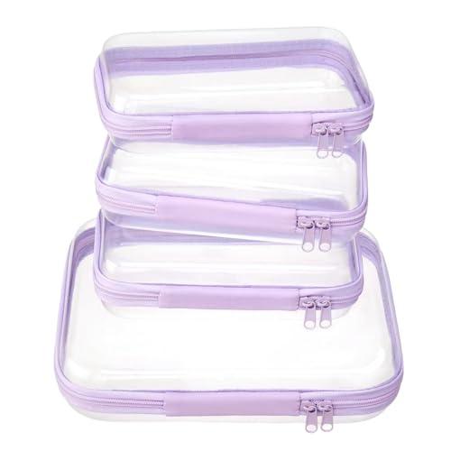 WELPIRT 4 pcs Clear Zipper Pouches,Hard Shell Zipper Case, Toiletry Bag for Travel, CLear Diaper Bag, Toiletry Pouch, Travel Organizer, Cosmetic Bag,Toy Storage Bins (M+3S) (Lavender)