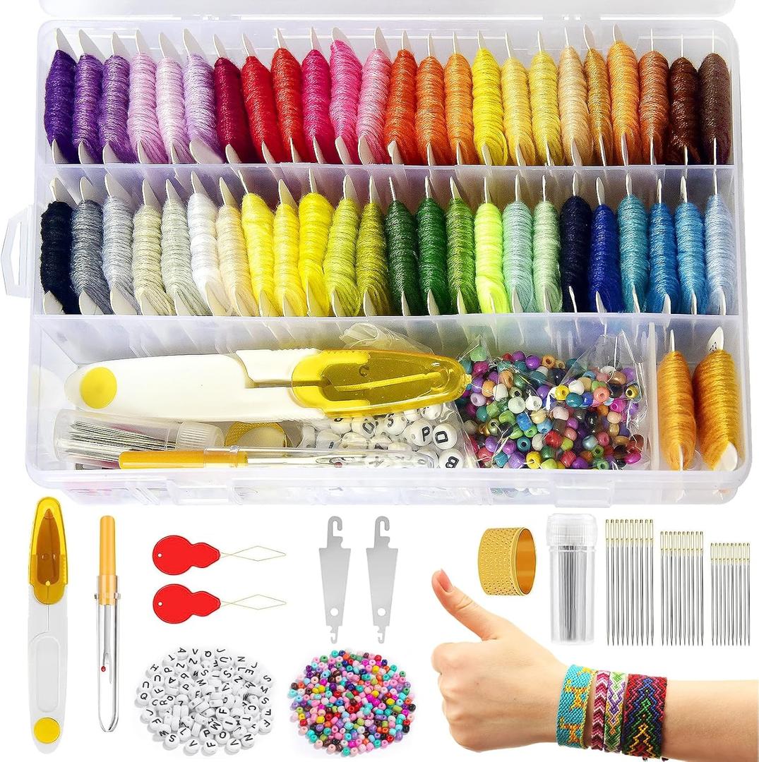 400+Pcs Friendship Bracelet String Kit String Bracelet Making Kit with 50 Skeins Embroidery Floss Cross Stitch Thread, 400Pcs Friendship Bracelet Beads, 37Pcs Embroidery Tools and Storage Box