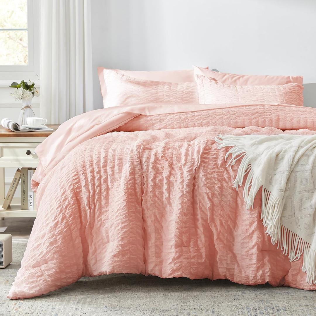 Zzlpp Queen Comforter Set 7 Pieces, Pink Seersucker Bed in a Bag with Comforter and Sheets, All Season Bedding Sets with 1 Comforter, 2 Pillow Shams, 2 Pillowcases, 1 Flat Sheet (Blush)