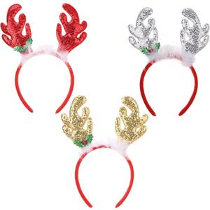 Christmas Reindeer Antlers Headband, 3 PCS Glitter Elk Antlers Hair Bands, Gold Sequin Deer Antler Headwear for Women Girls Xmas Cosplay Costume Hair Accessories Holiday Party Favor Supplies
