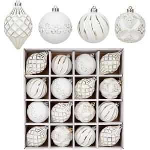 16PCS Shatterproof Christmas Ball Ornaments Set, Hand-Painted Holiday Decor with Assorted Sizes & Designs for Christmas Tree Thanksgiving Party Decoration, Champagne-White