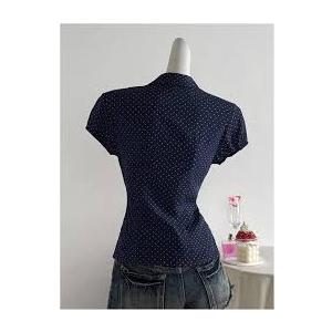 SOLY HUX Women's Polka Dots Button Down Shirt Short Sleeve Collar Fitted Blouse Y2k Cute Going Out Tops Dark Blue Large